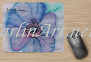 Informative image Mouse Pad with print of original ink art titled "Eyeflower" The words "Just thinking..." at the top.